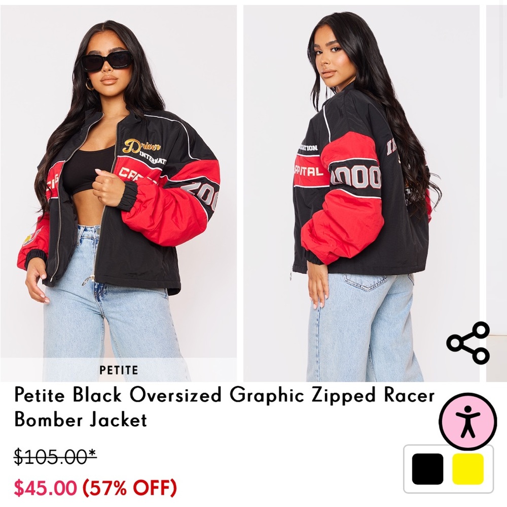 Petite Black Oversized Graphic Zipped Racer Bomber Jacket